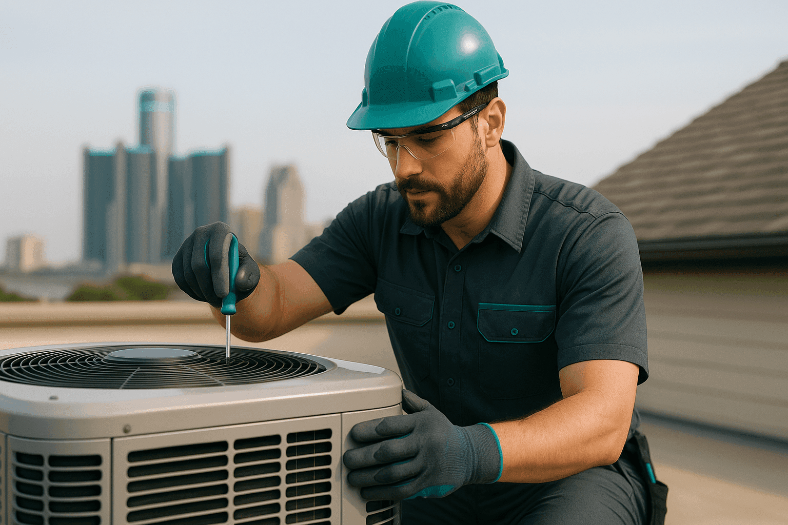 HVAC technician in PPE adjusting rooftop air conditioning unit on residential roof