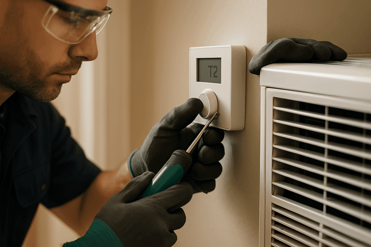 Technician's gloved hands adjusting thermostat in clean residential indoor HVAC setting