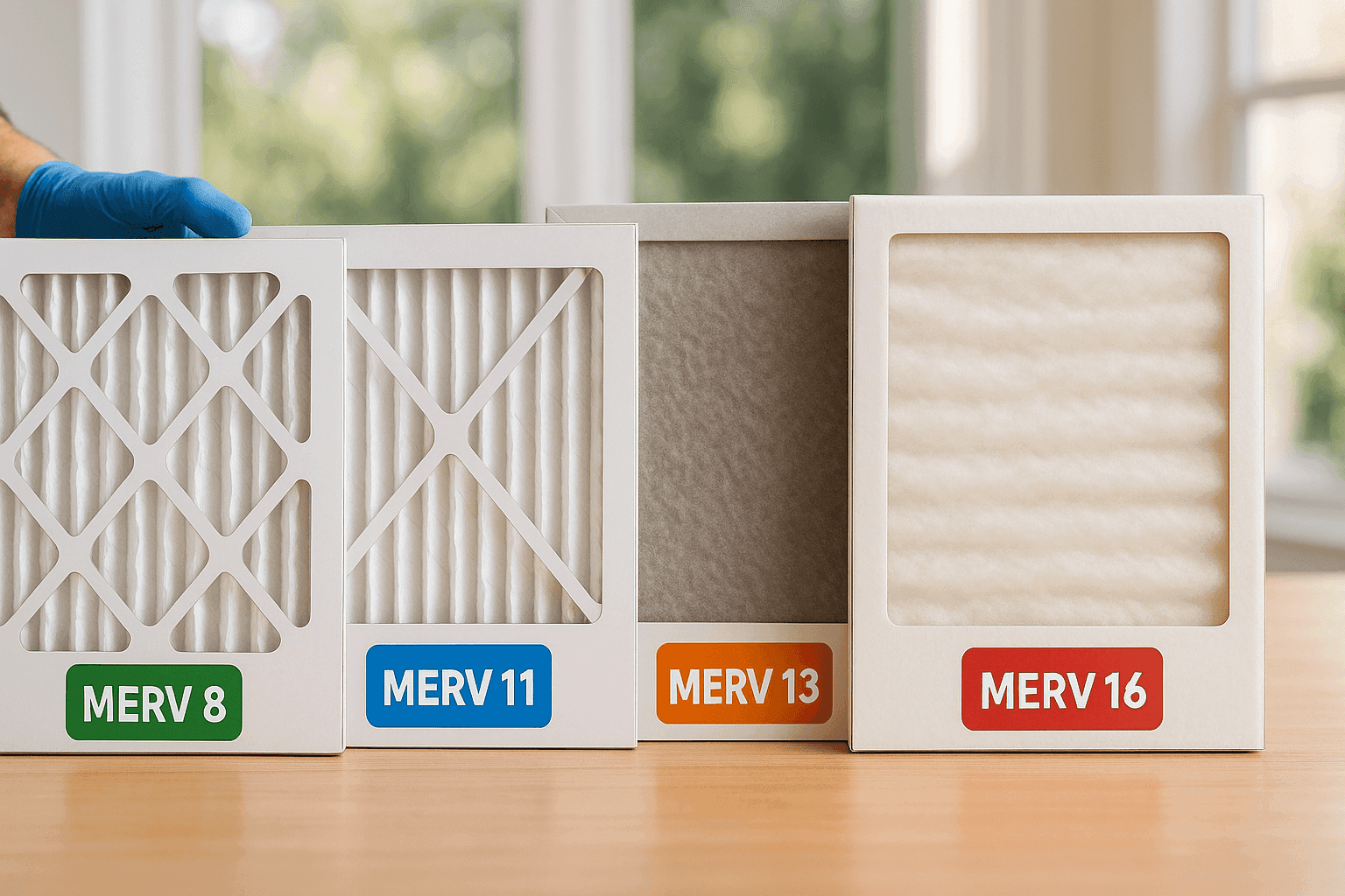 Close-up of various air filters labeled with MERV ratings on a table