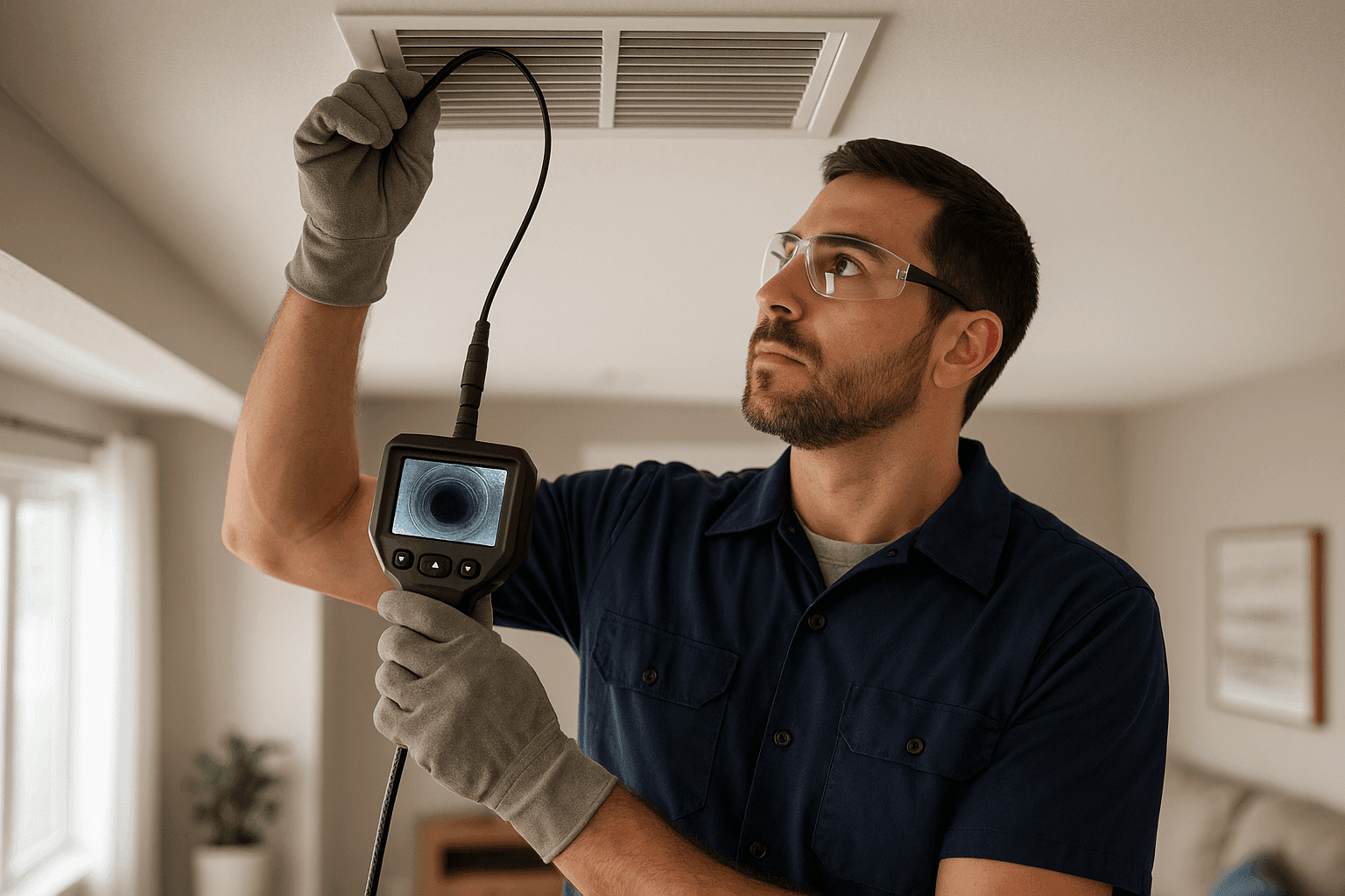 Técnico inspeccionando un ducto de aire residencial con una cámara