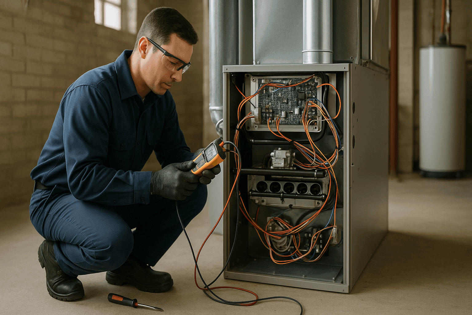 Technician inspecting a residential furnace unit with diagnostic tools