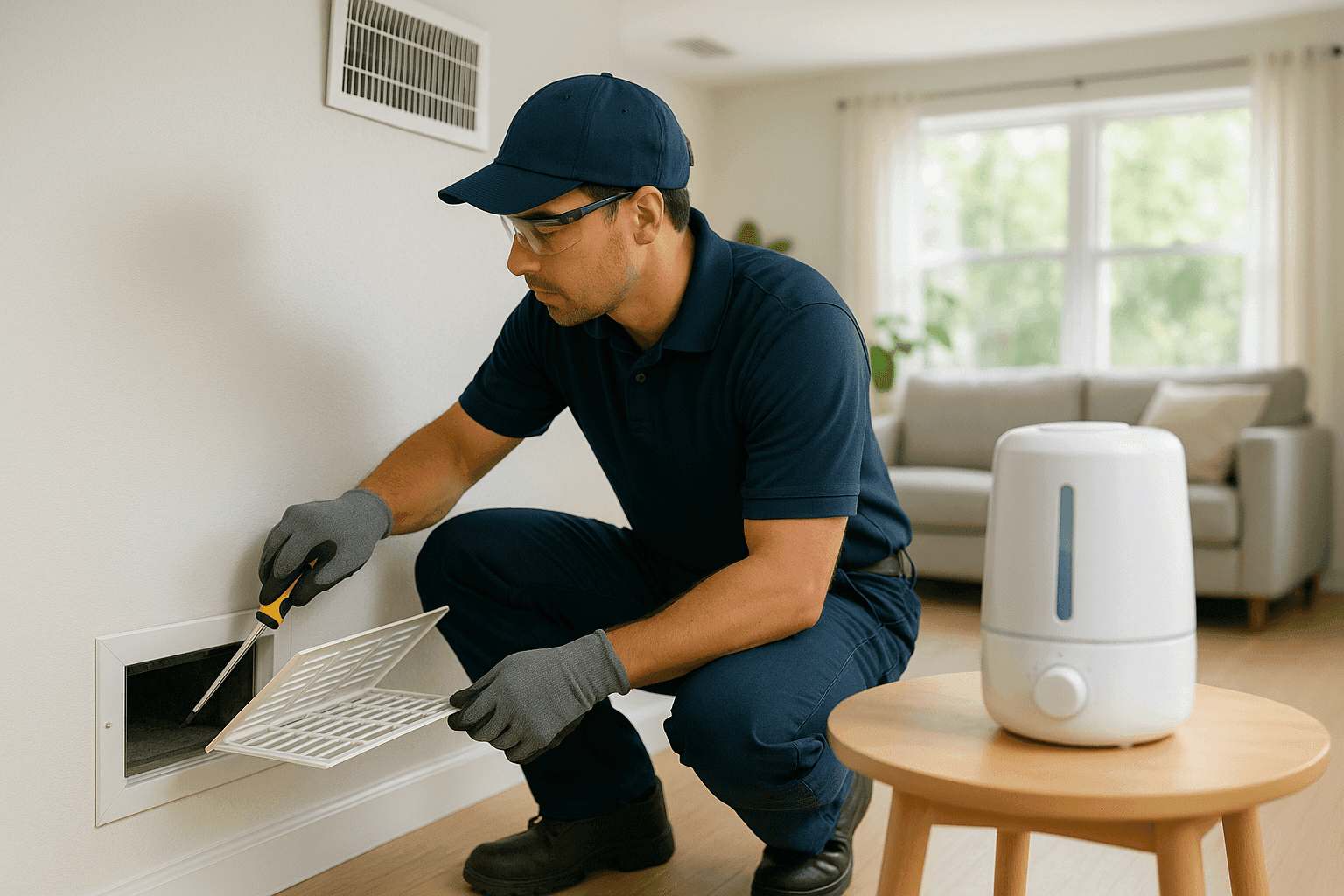 Modern living room with air vents and humidifier promoting indoor air quality