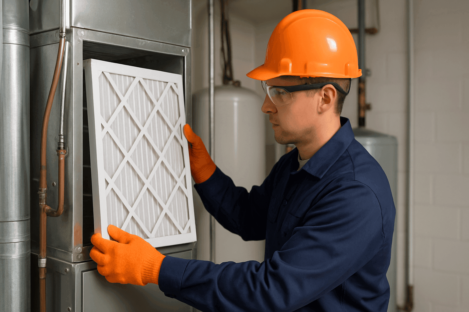 HVAC technician checking a filter on a home air handler
