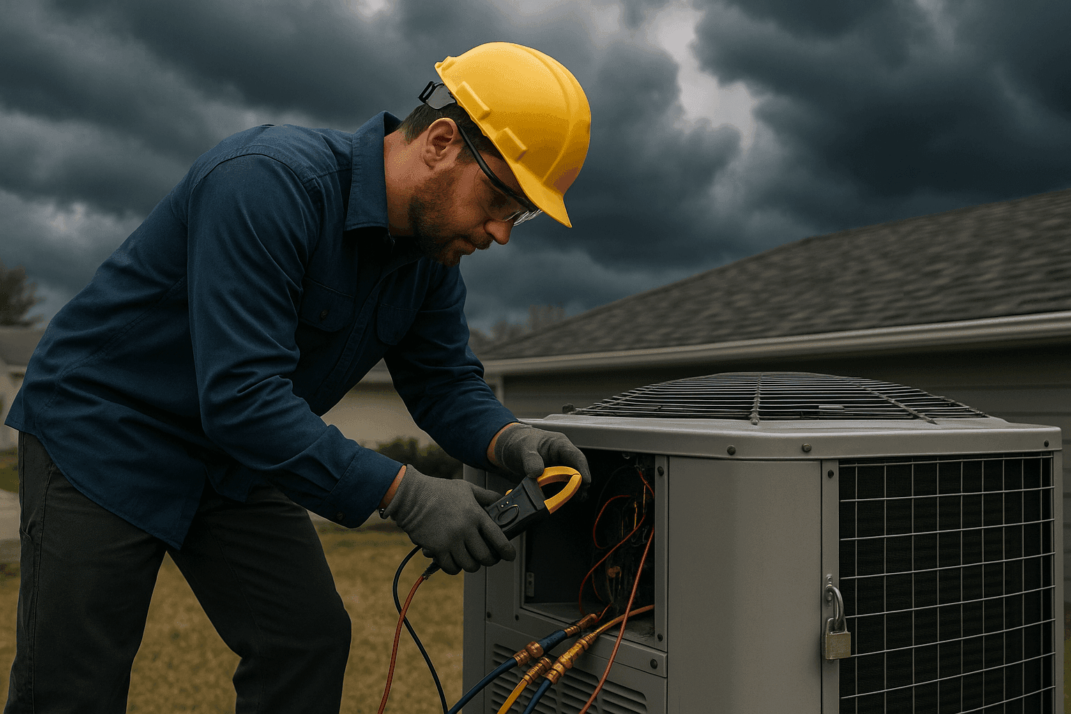 HVAC technician performing maintenance on outdoor unit before storm