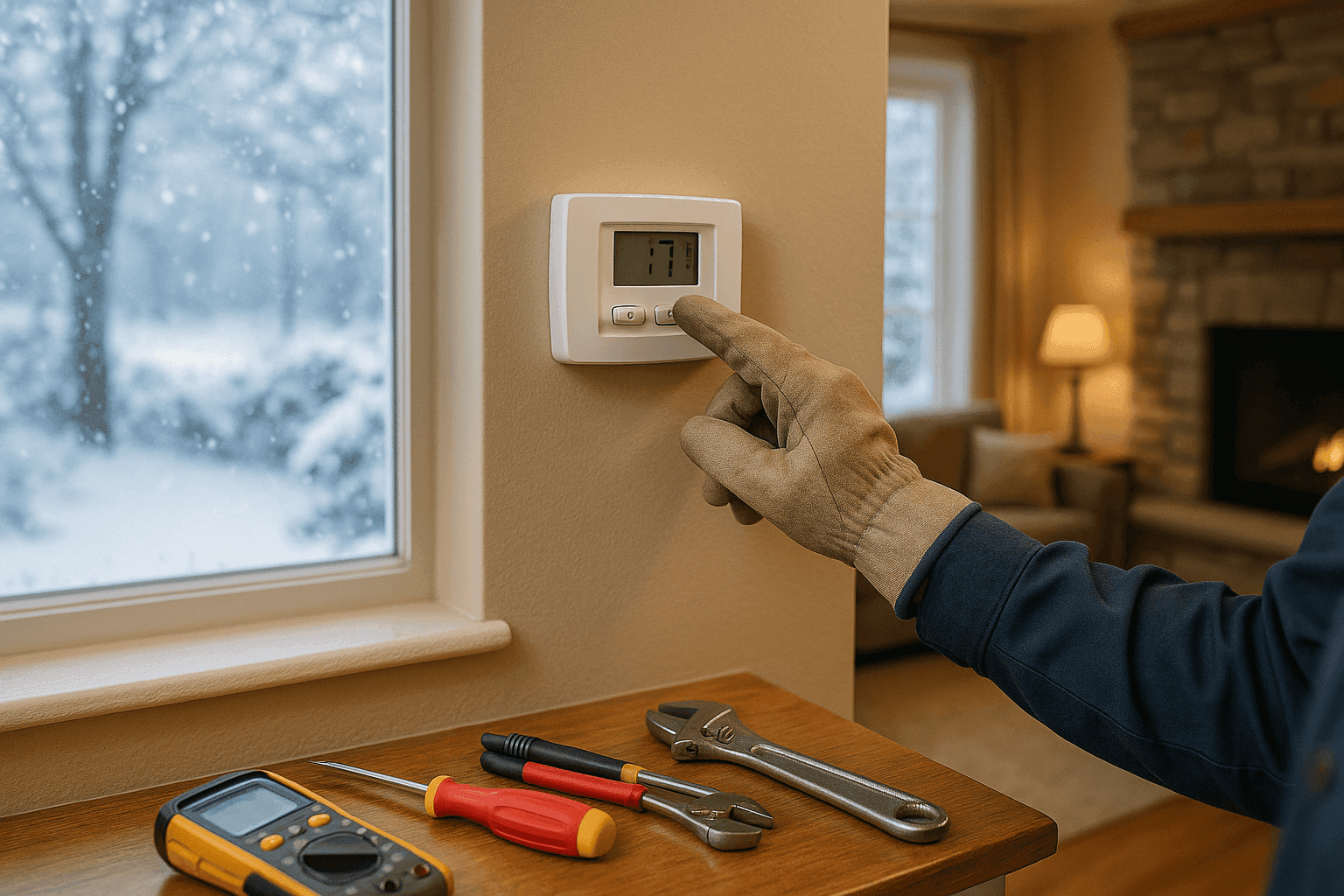Homeowner adjusting thermostat during winter with snow outside