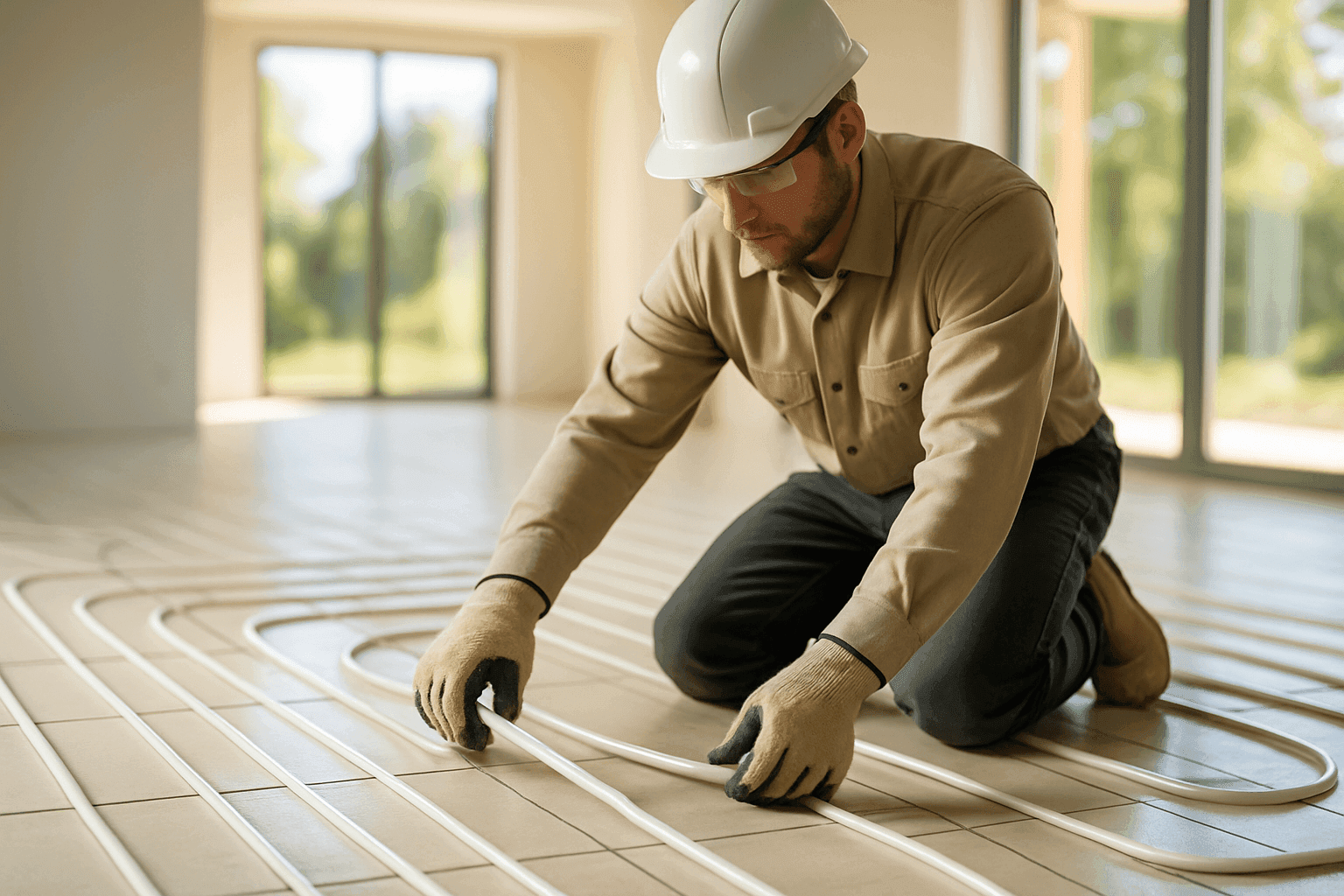 Close-up of radiant floor heating system being installed in a home