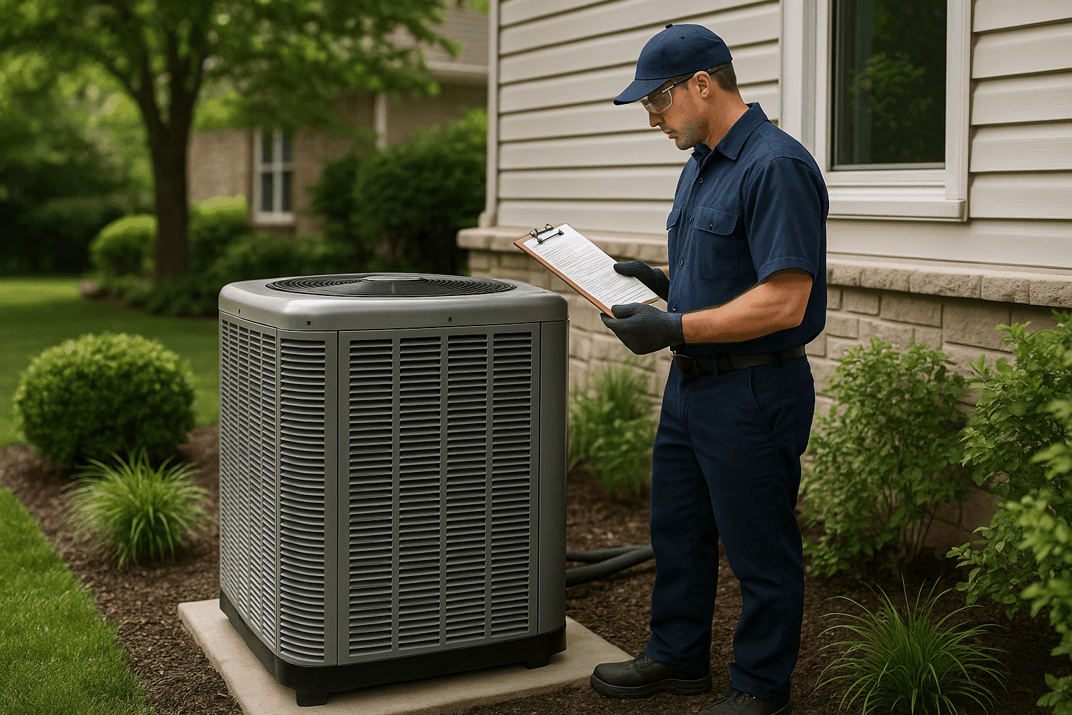 Técnico revisando una unidad de aire acondicionado exterior con una lista de verificación estacional